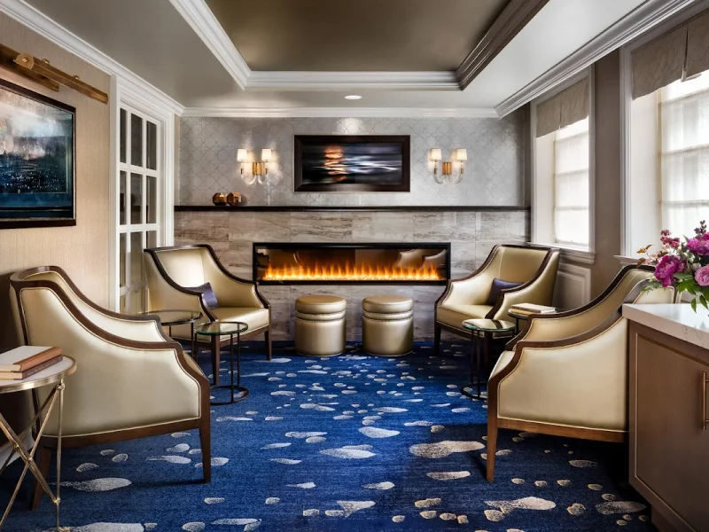 Elegant spa lounge with fireplace, plush seating, and refined hotel-style decor