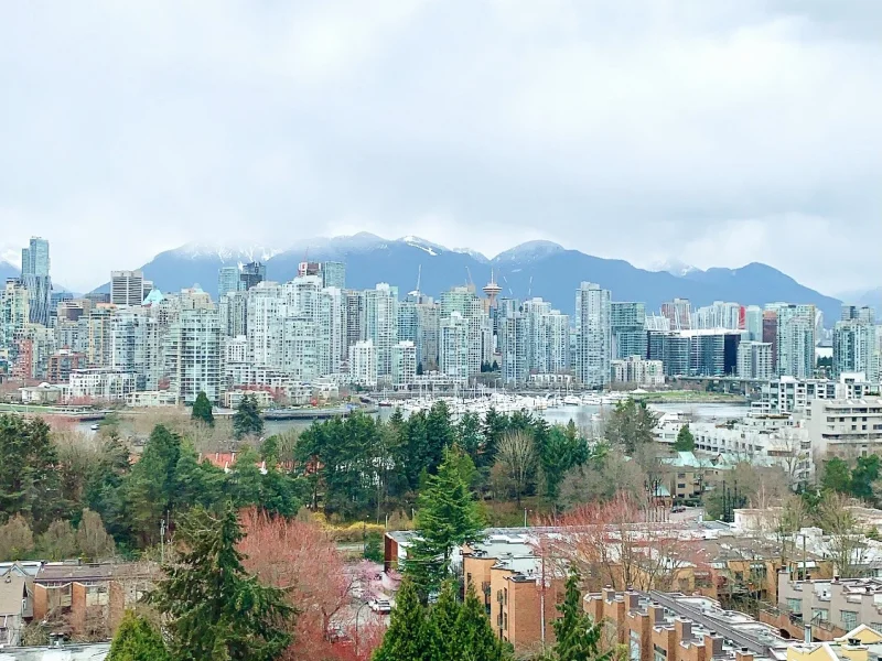 Vancouver skyline and mountain panorama from a high spa window