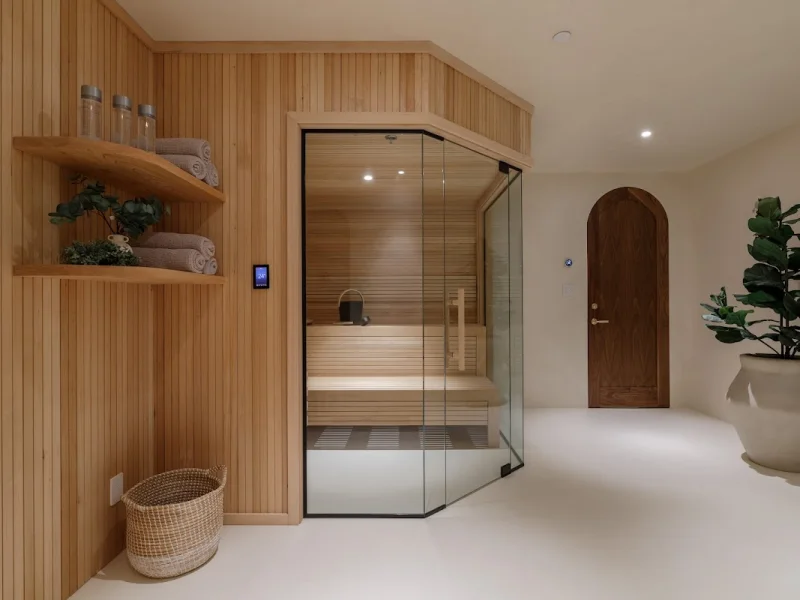 Elegant spa corridor with private glass sauna and wellness decor