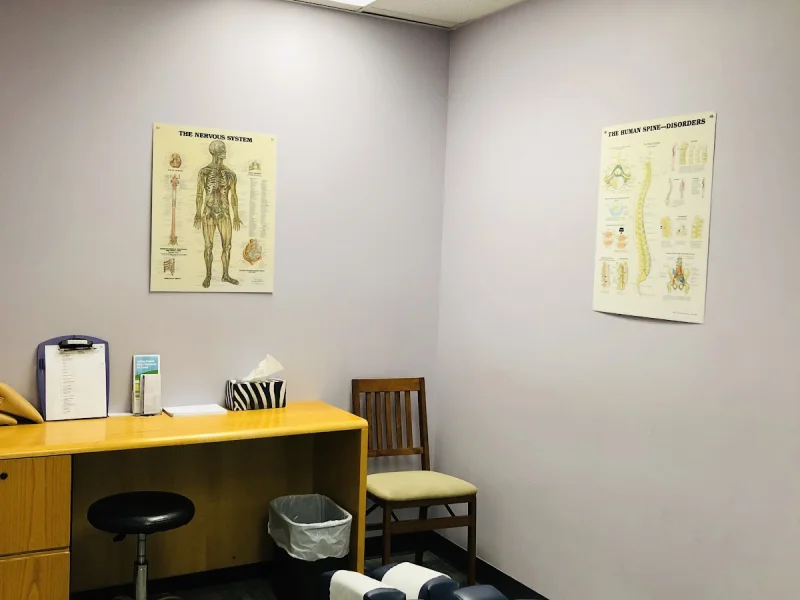 Basic consultation or exam room with treatment chair and anatomy posters