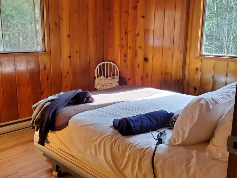 Rustic cabin bedroom with sunny windows and a relaxing bed